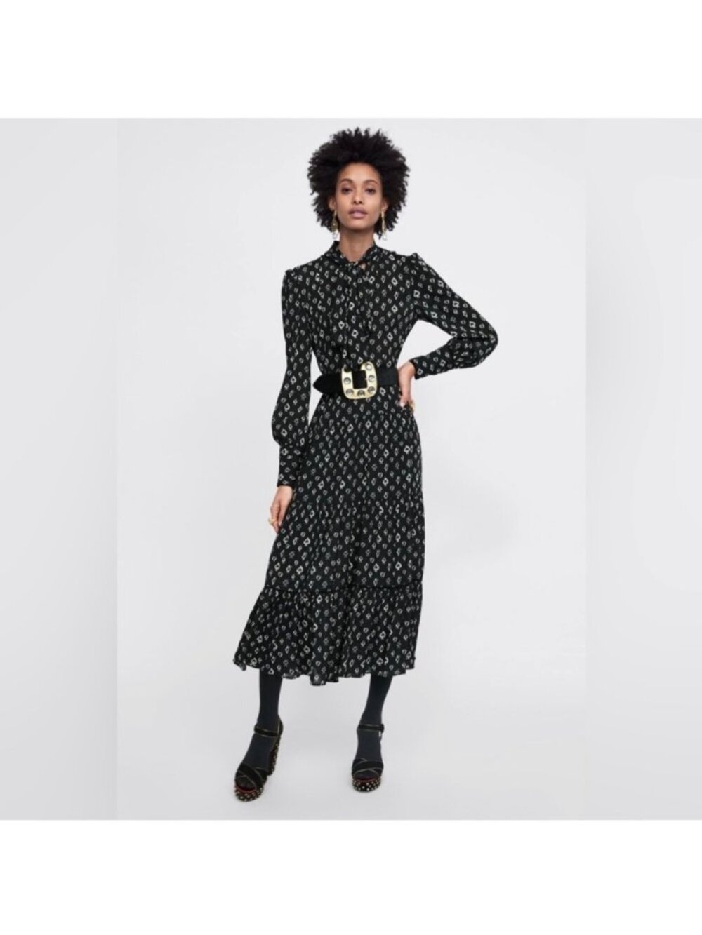 Limited Edition Zara Black Spade Print Maxi Dress Rare Flowy Size Medium Women's
